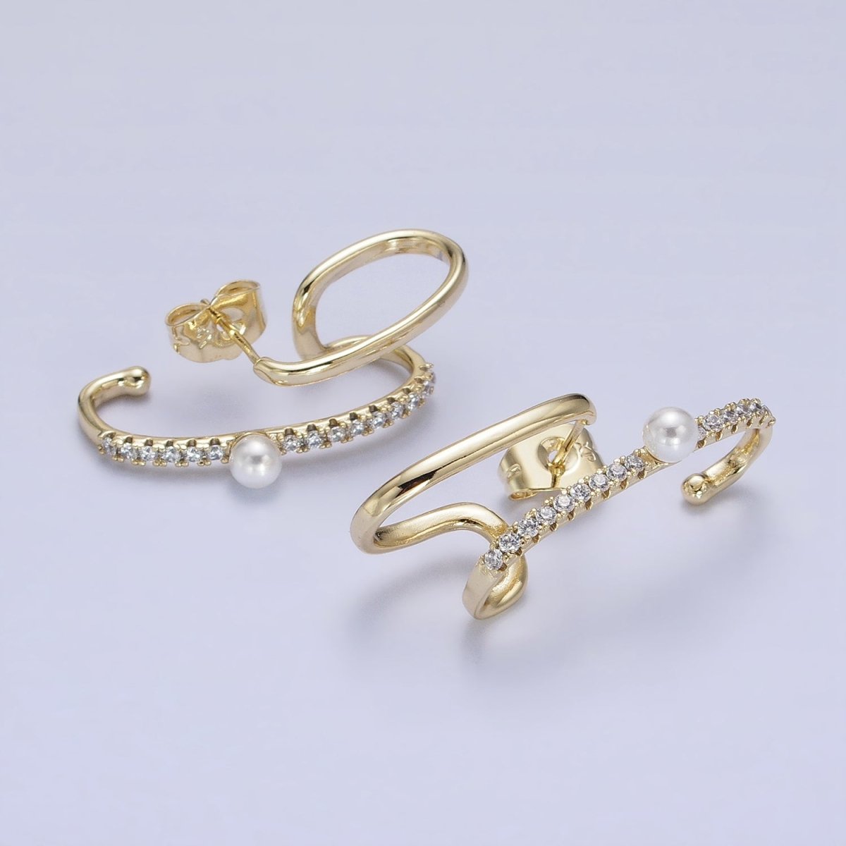 14K Gold Filled Double Claw Bar Micro Paved CZ Pearl Stud Earrings Set | AD1470 - DLUXCA