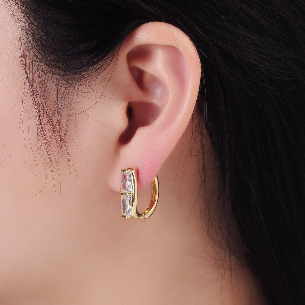 14K Gold Filled Double Clear CZ Baguette Lined 20mm Huggie Earrings | AE519 - DLUXCA