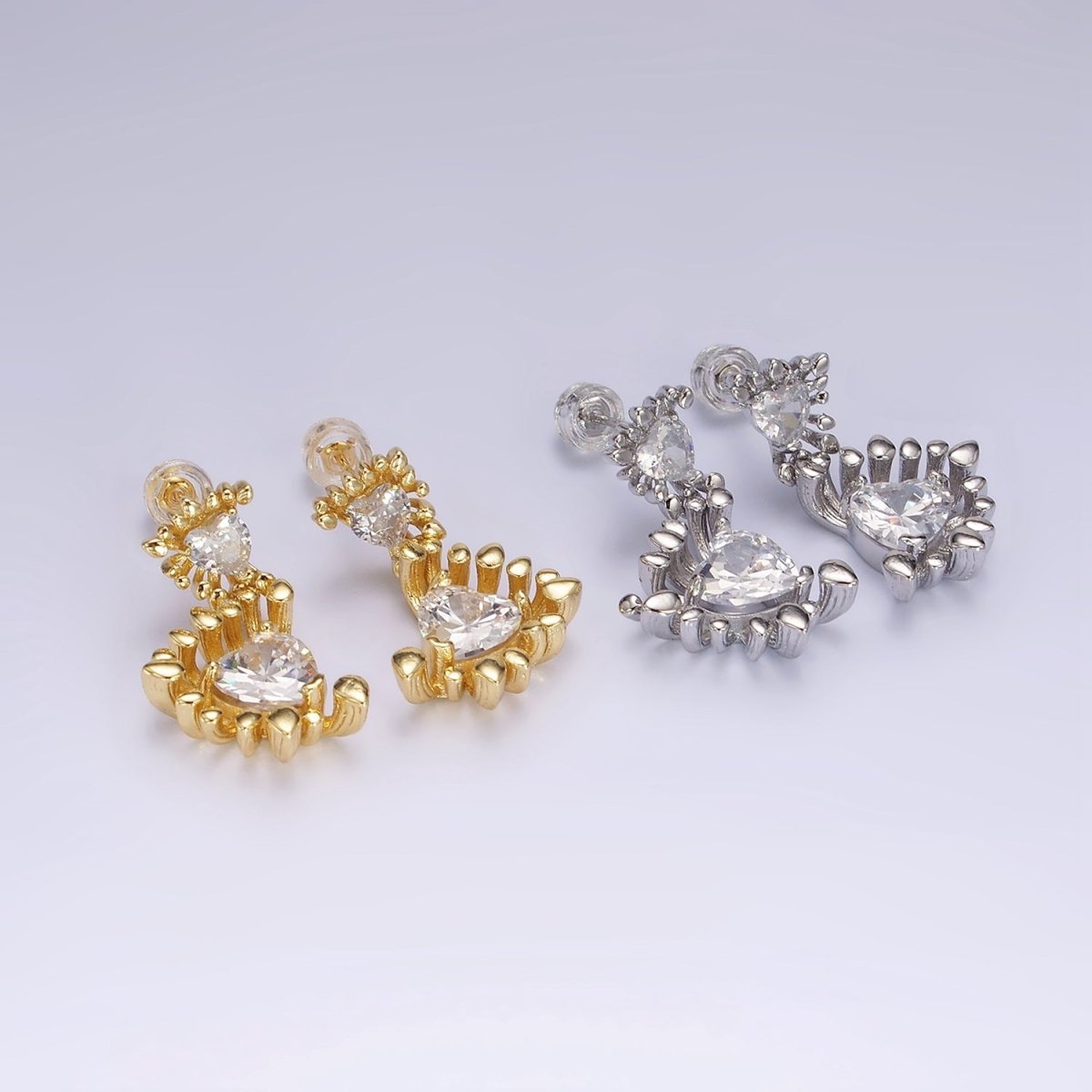 14K Gold Filled Double Clear Heart Dotted Bar Outline Geometric Drop Stud Earrings in Gold & Silver | AE111 AE112 - DLUXCA