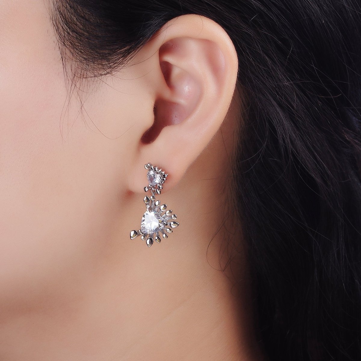 14K Gold Filled Double Clear Heart Dotted Bar Outline Geometric Drop Stud Earrings in Gold & Silver | AE111 AE112 - DLUXCA