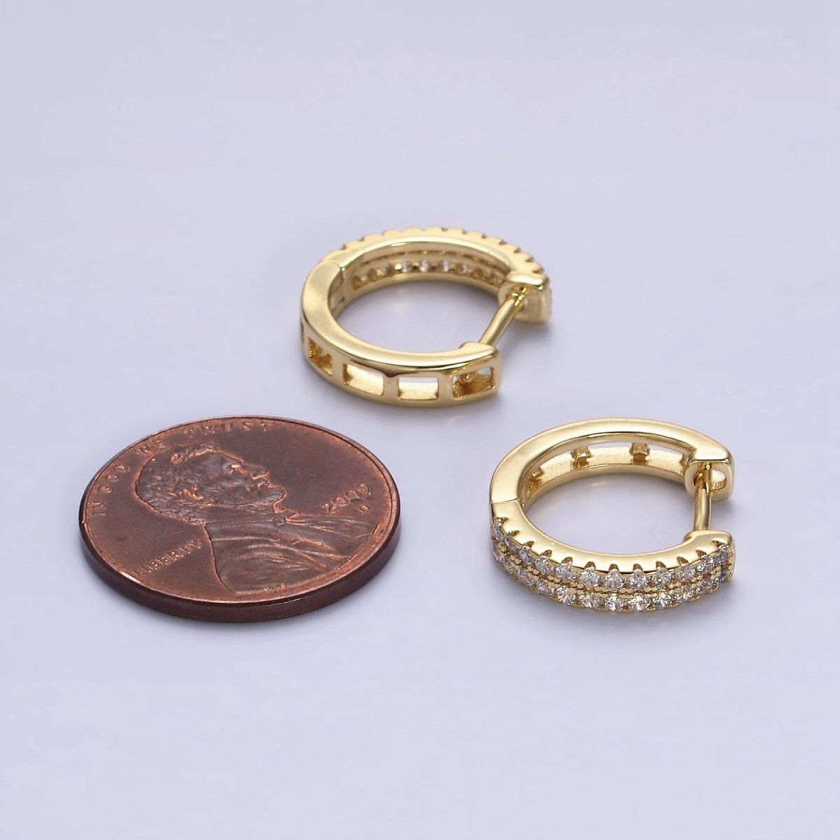 14K Gold Filled Double Clear Micro Paved Open 15mm Huggie Hoop Earrings in Gold & Silver | AE585 AE586 - DLUXCA