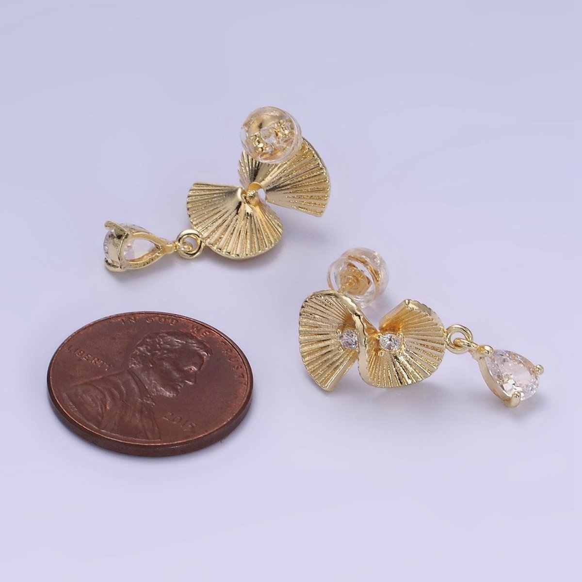 14K Gold Filled Double CZ Sunburst Twirled Teardrop Drop Stud Earrings | AB1275 - DLUXCA