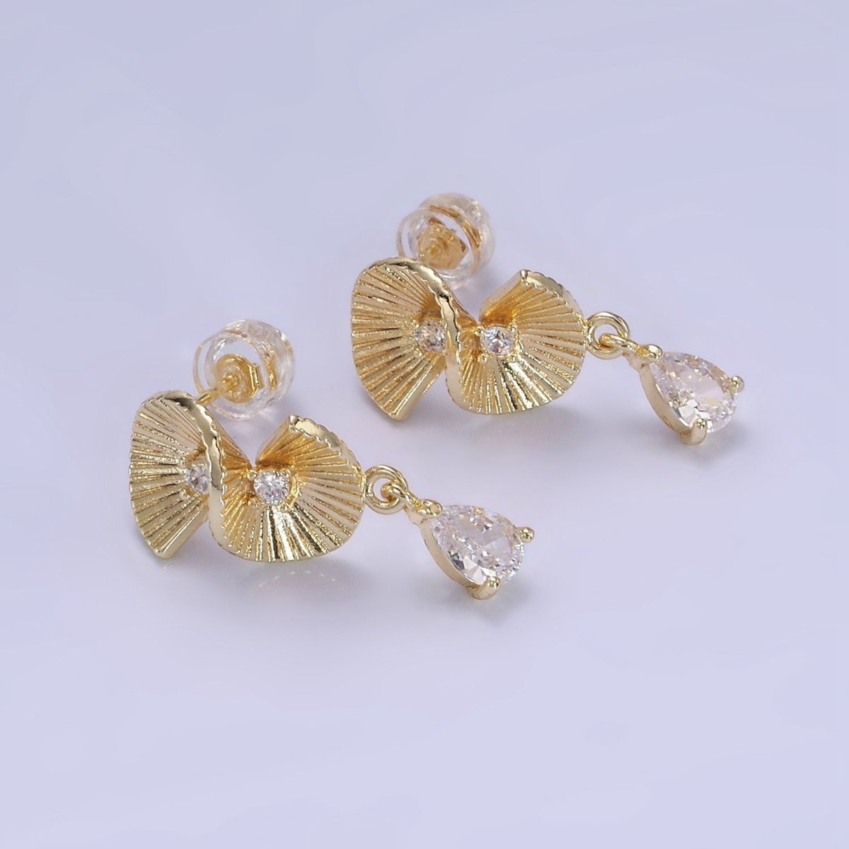 14K Gold Filled Double CZ Sunburst Twirled Teardrop Drop Stud Earrings | AB1275 - DLUXCA