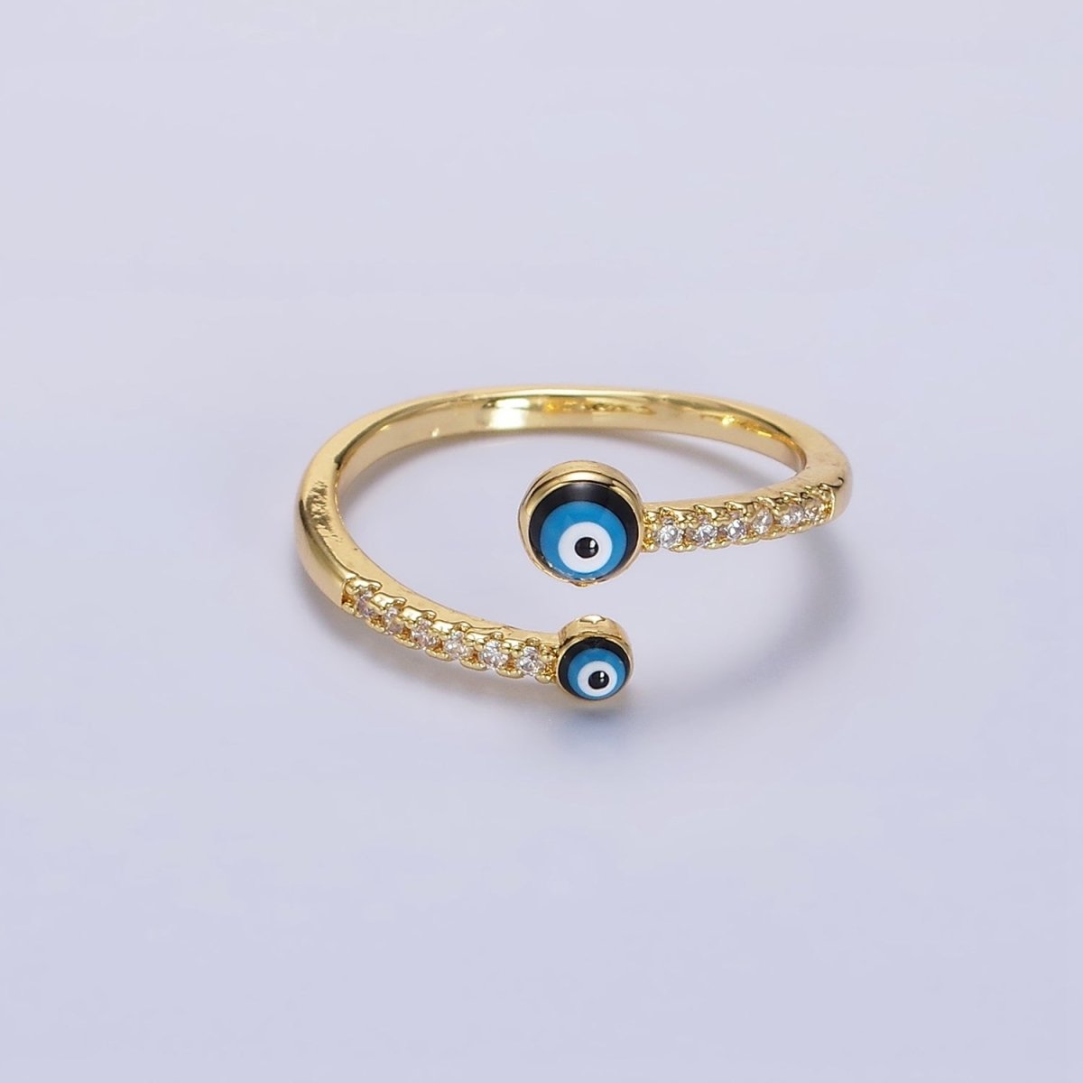 14K Gold Filled Double Evil Eye Enamel Clear Micro Paved CZ Open Ring | O-600 - DLUXCA