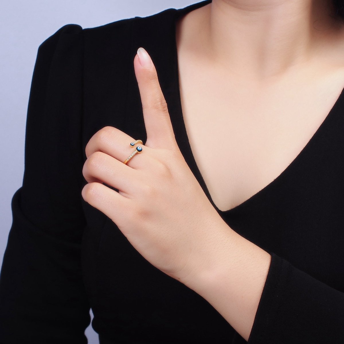 14K Gold Filled Double Evil Eye Enamel Clear Micro Paved CZ Open Ring | O-600 - DLUXCA