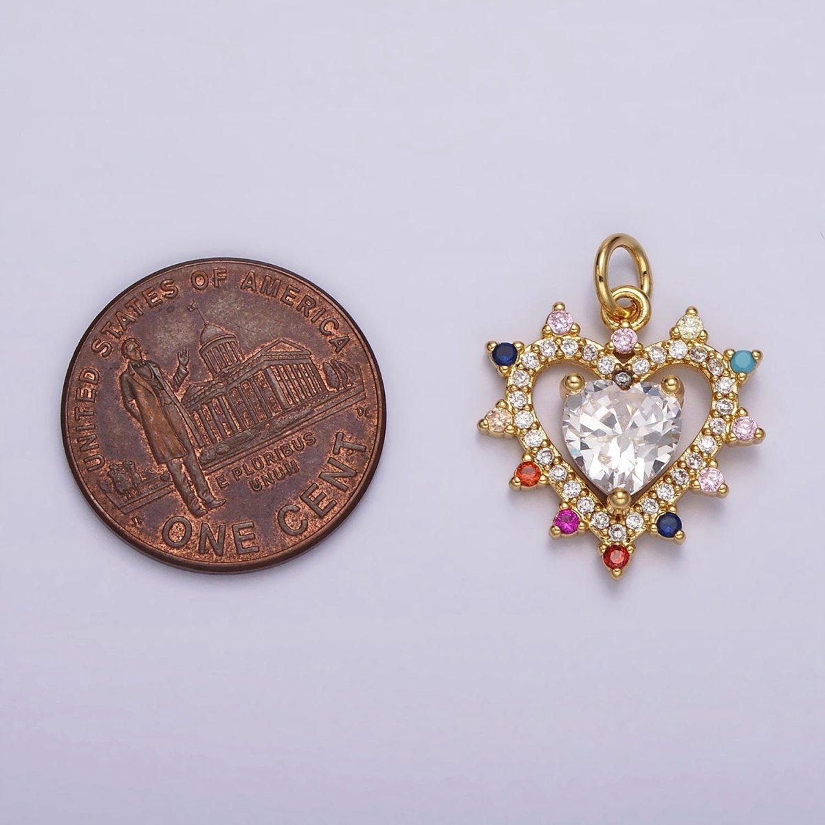 14K Gold Filled Double Heart Micro Paved Multicolor CZ Dotted Outline Charm | AG523 - DLUXCA