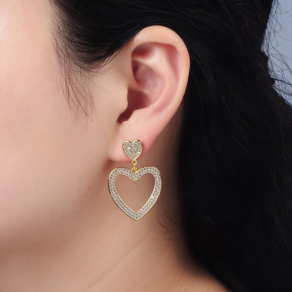 14K Gold Filled Double Heart Open Micro Paved CZ Drop Stud Earrings | AE422 - DLUXCA