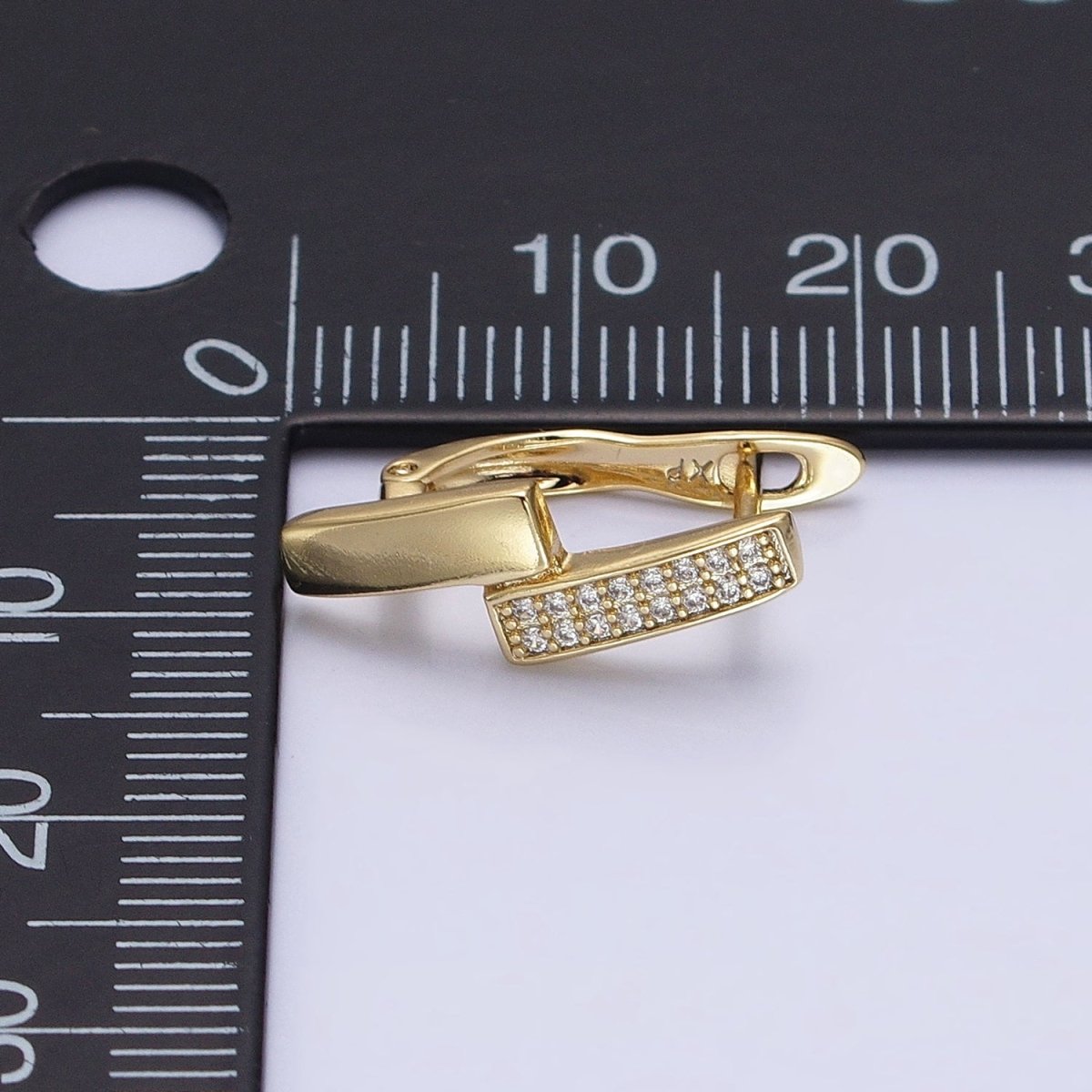 14K Gold Filled Double Rectangular Bar Micro Paved CZ English Lock Earrings | AB1525 - DLUXCA