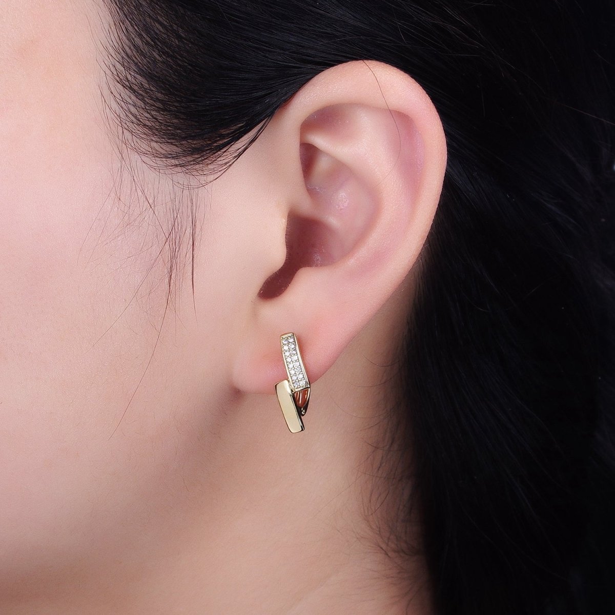 14K Gold Filled Double Rectangular Bar Micro Paved CZ English Lock Earrings | AB1525 - DLUXCA