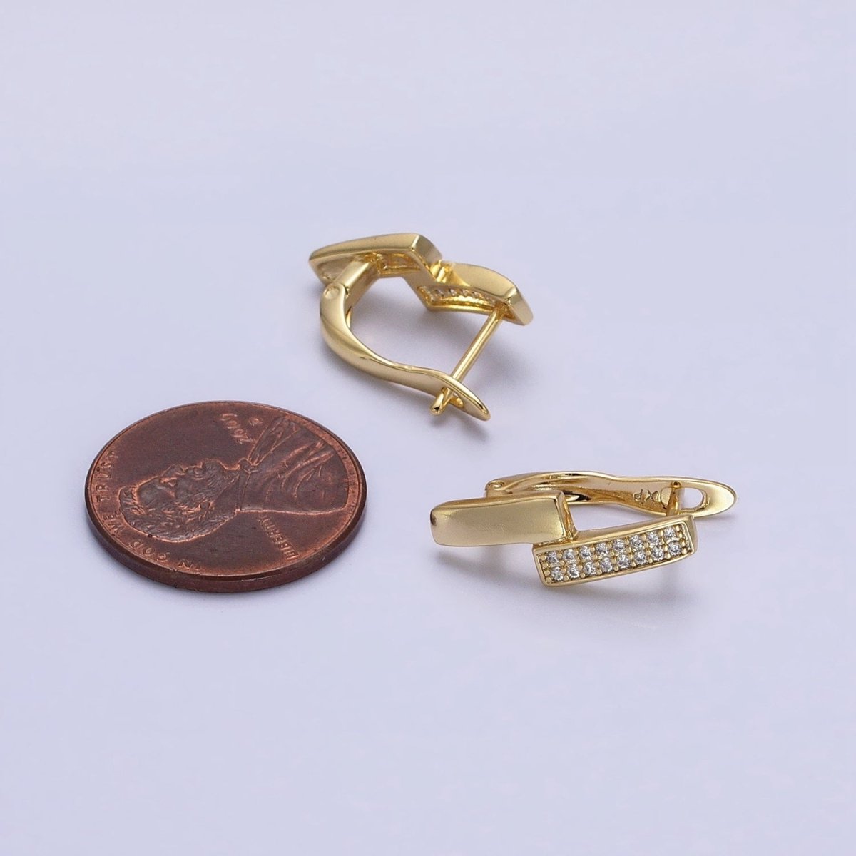 14K Gold Filled Double Rectangular Bar Micro Paved CZ English Lock Earrings | AB1525 - DLUXCA