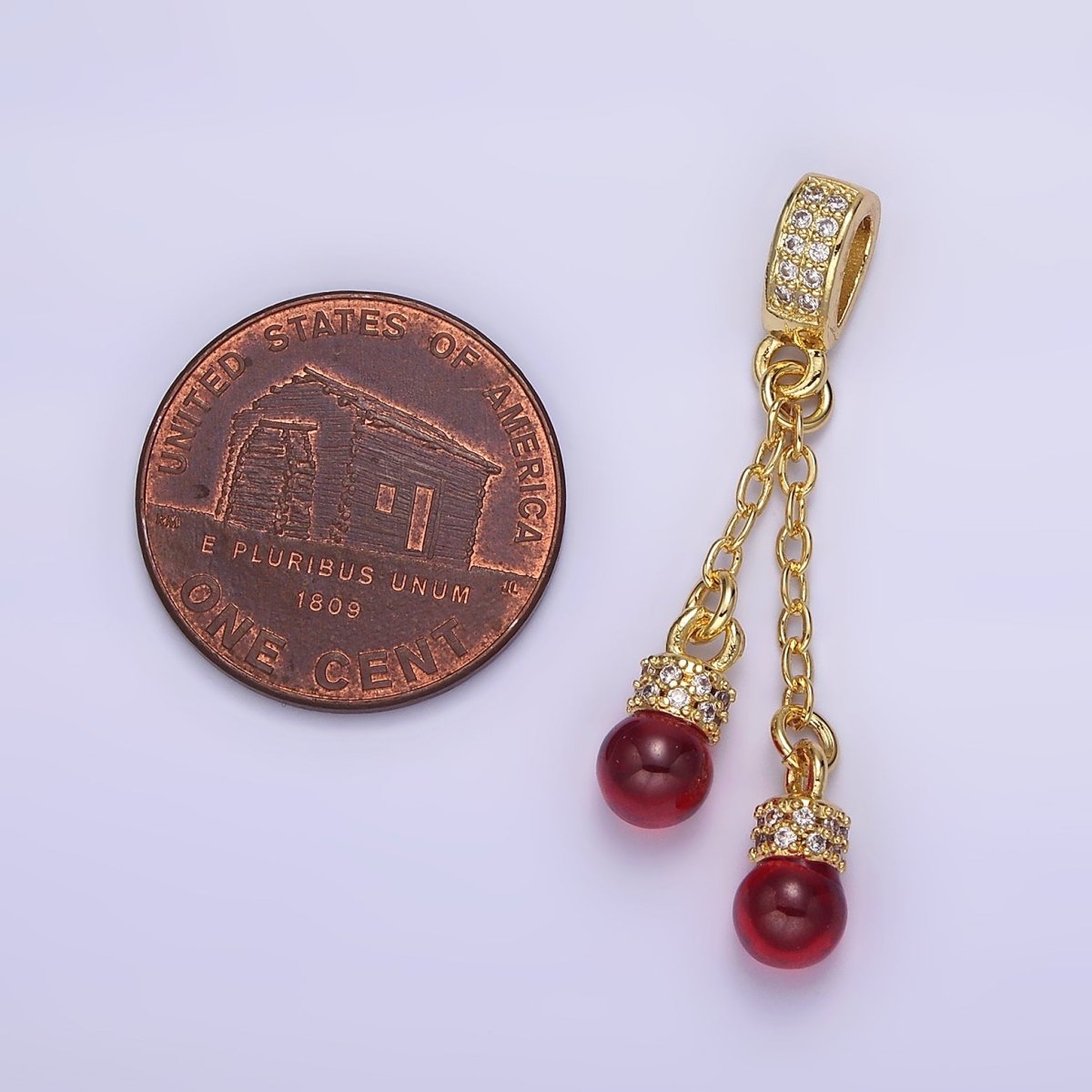 14K Gold Filled Double Red Carnelian Bead Cable Link Micro Paved CZ Bail Pendant | AA654 - DLUXCA