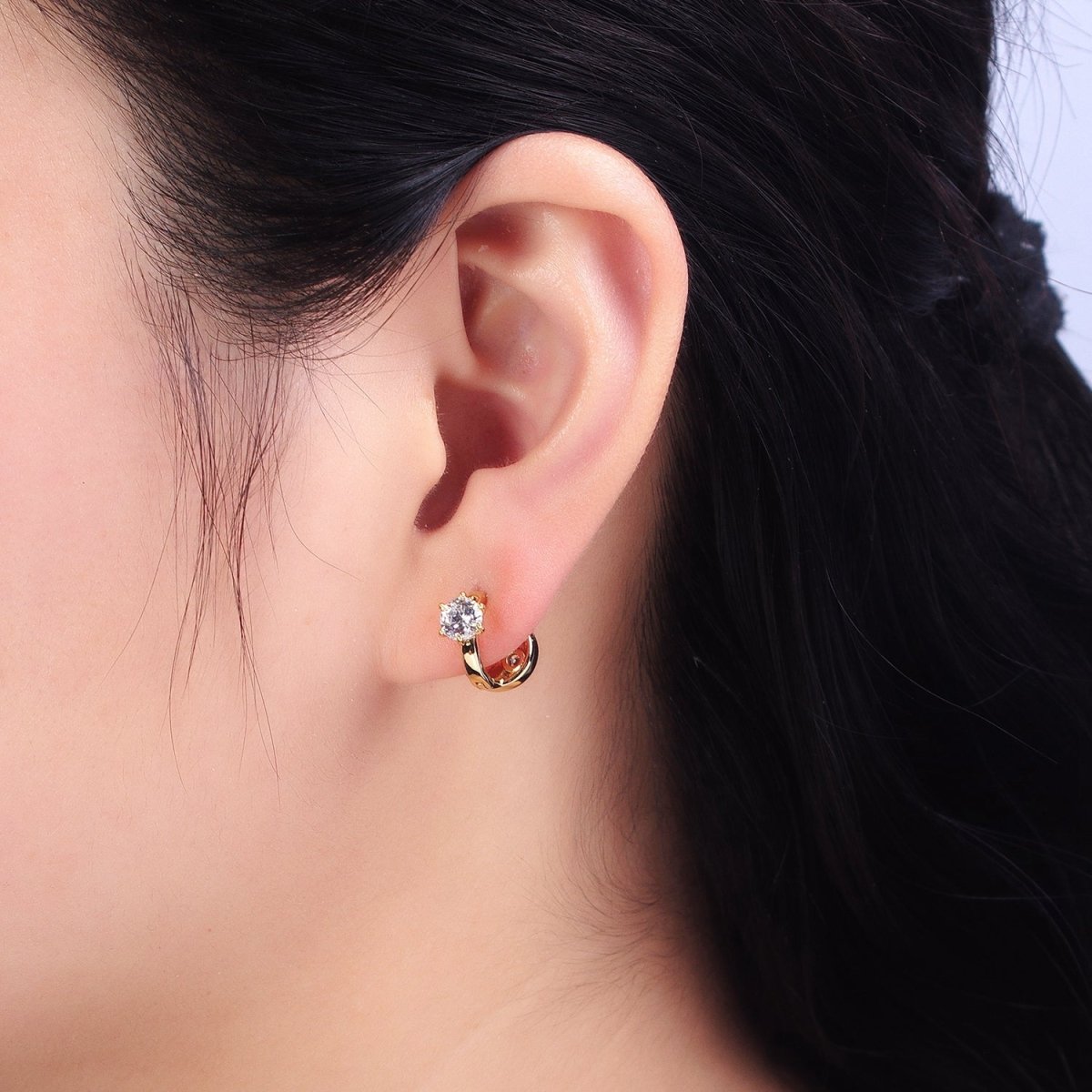 14K Gold Filled Double Sided Round Clear CZ Dotted 11mm Cartilage Huggie Earrings | AD1463 - DLUXCA