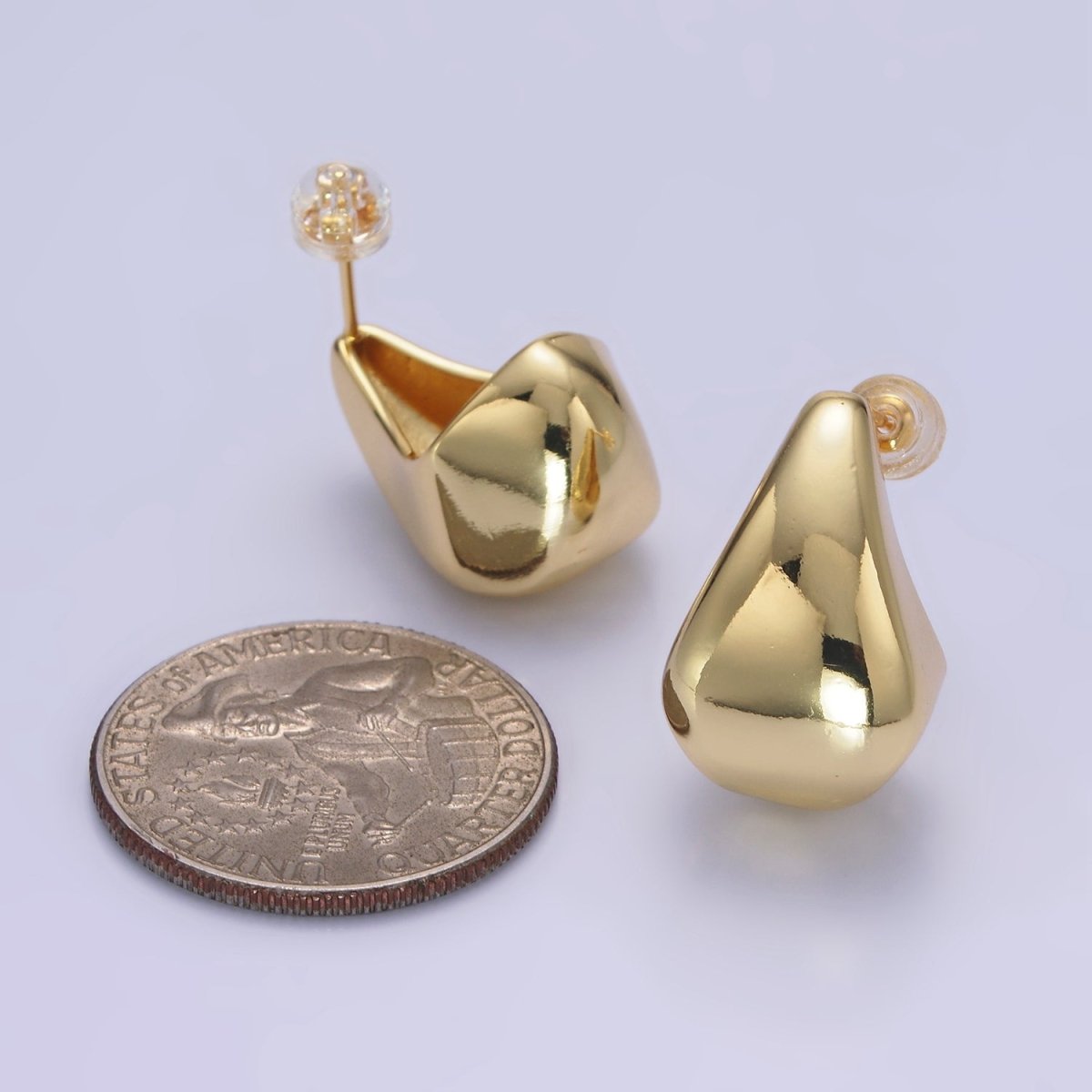 14K Gold Filled Edged Teardrop C-Shaped Hoop Earrings in Gold & Silver | AB1144 AB1145 - DLUXCA