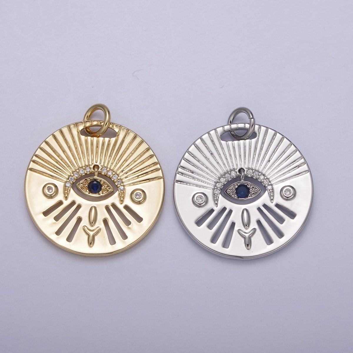 14K Gold Filled Evil Eye Charm, Gold Disc Evil Eye Pendant, Cubic Medallion Coin Charm, Amulet Talisman Pendant N-763 N-764 - DLUXCA