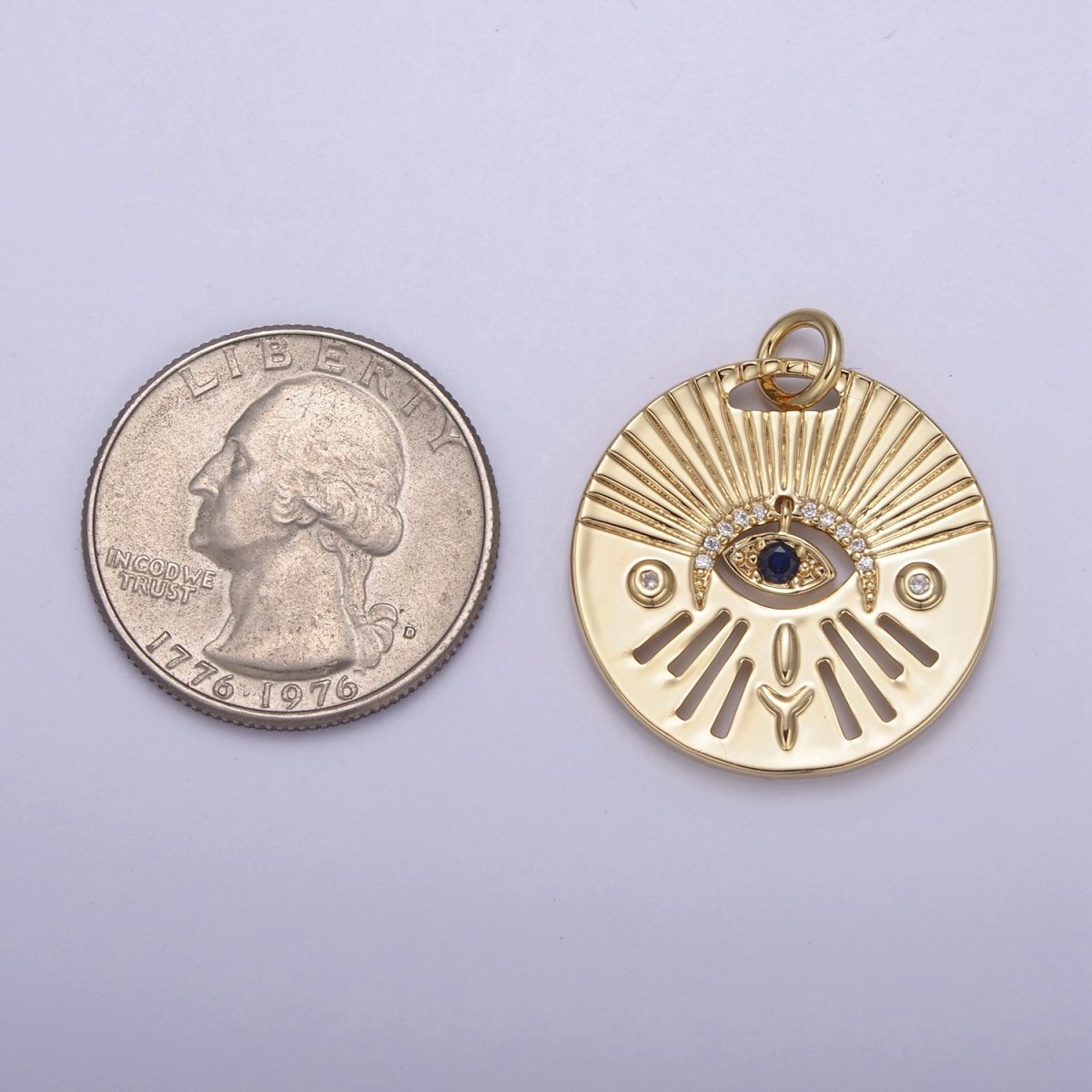 14K Gold Filled Evil Eye Charm, Gold Disc Evil Eye Pendant, Cubic Medallion Coin Charm, Amulet Talisman Pendant N-763 N-764 - DLUXCA