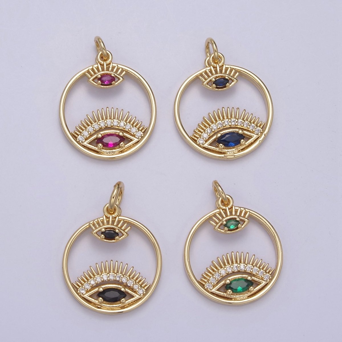 14K Gold Filled Evil Eye Charm Gold Disc Evil Eye Pendant, Cubic Medallion Coin, Double Eye Charm, Micro Pave Necklace Charm N-695 - N-698 - DLUXCA