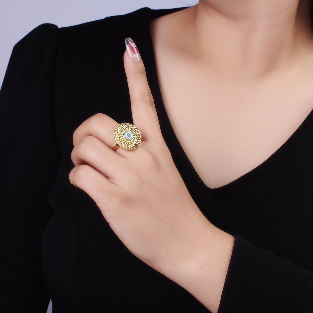 14K Gold Filled Evil Eye Curb Hammered Round Ring | O1341 - DLUXCA