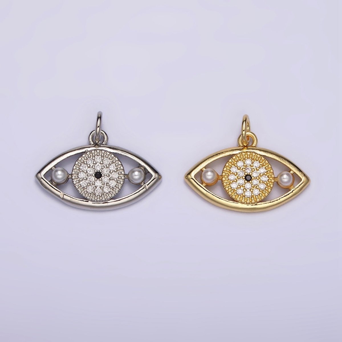 14K Gold Filled Evil Eye Double Pearl Clear Micro Paved CZ Open Charm in Gold & Silver | AC891 AC892 - DLUXCA