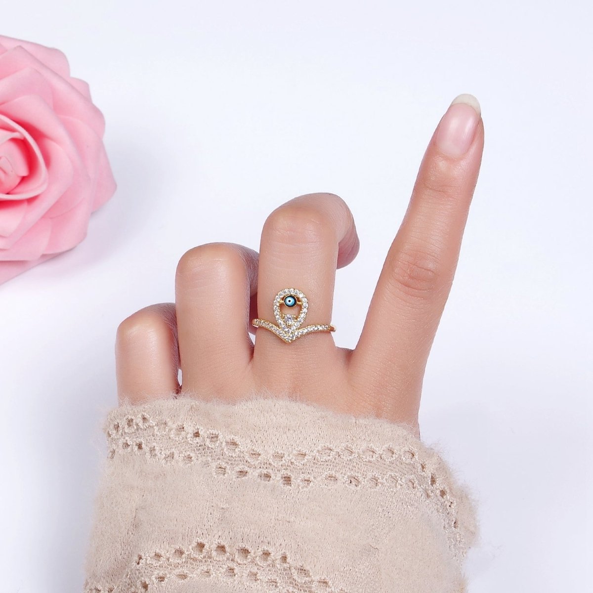 14K Gold Filled Evil Eye Enamel Open Teardrop Chevron Micro Paved CZ Ring | O-598 - DLUXCA
