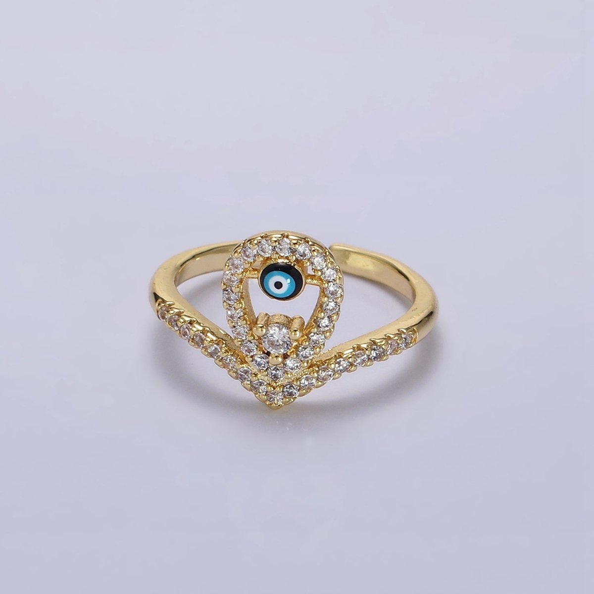 14K Gold Filled Evil Eye Enamel Open Teardrop Chevron Micro Paved CZ Ring | O-598 - DLUXCA