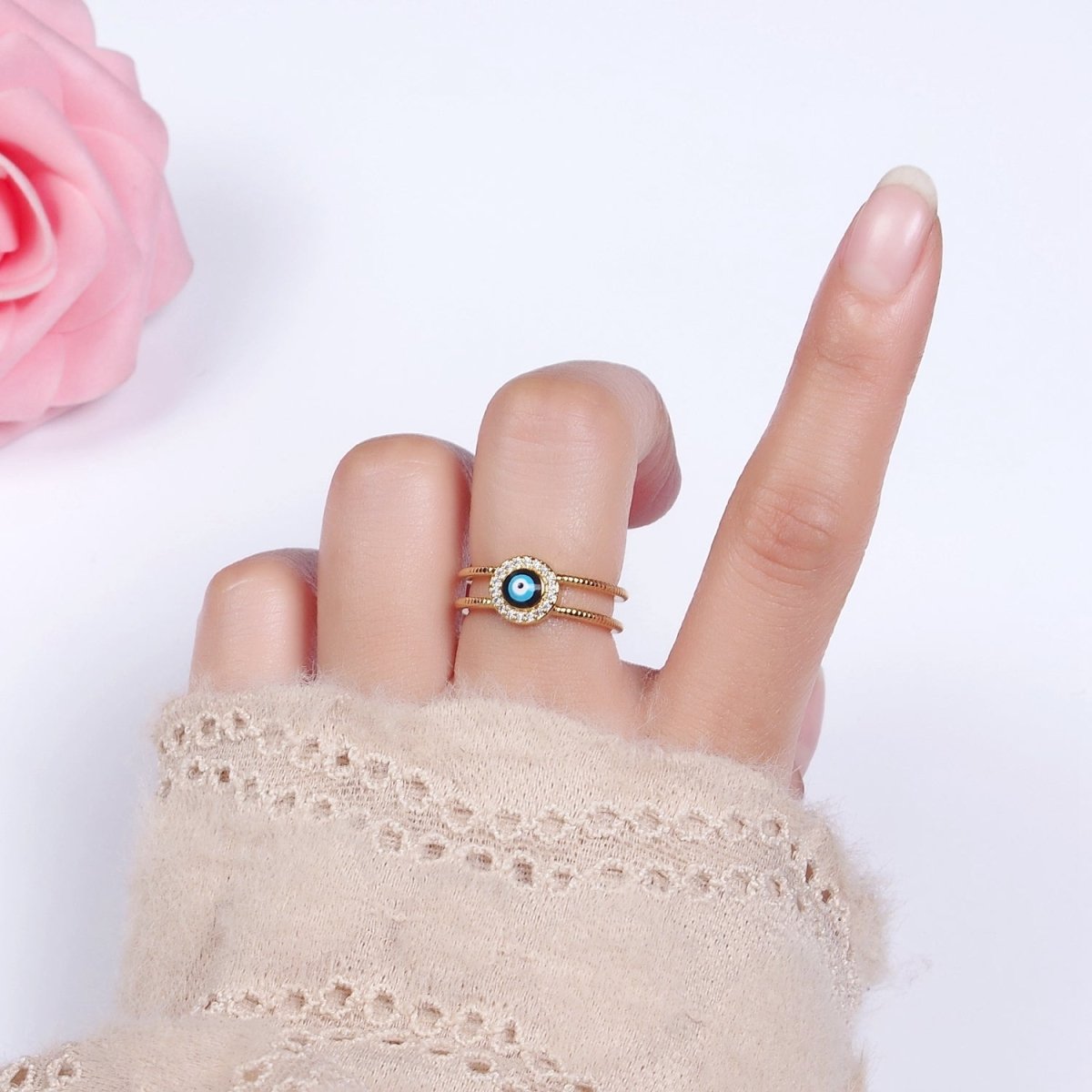 14K Gold Filled Evil Eye Enamel Round Micro Paved CZ Line-Textured Double Band Ring | O-597 - DLUXCA