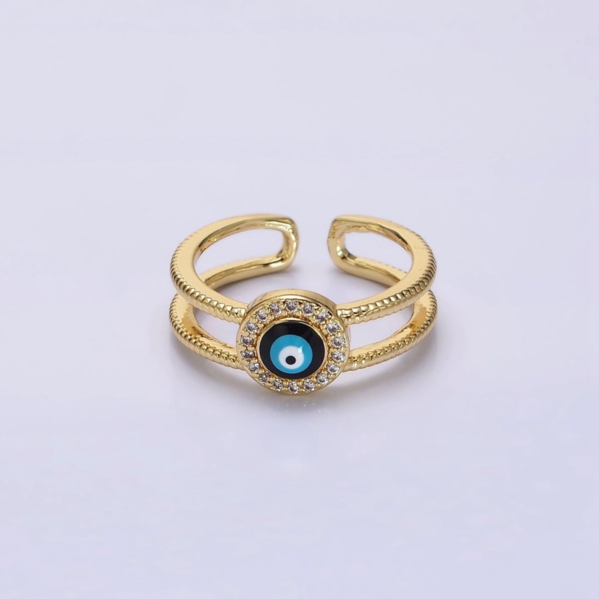 14K Gold Filled Evil Eye Enamel Round Micro Paved CZ Line-Textured Double Band Ring | O-597 - DLUXCA