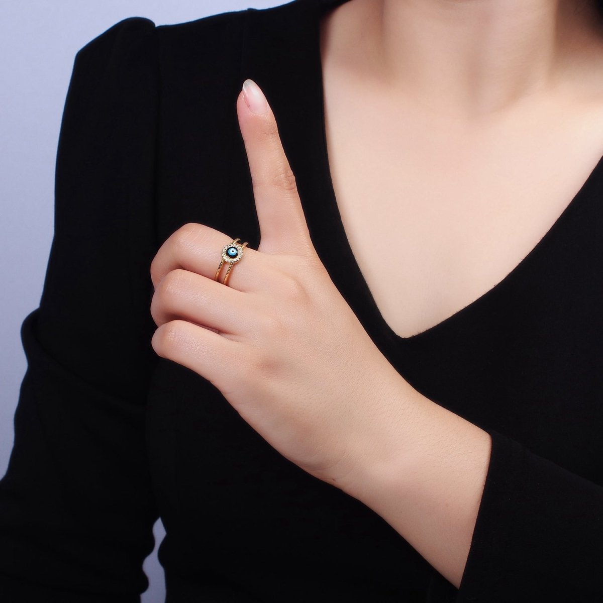 14K Gold Filled Evil Eye Enamel Round Micro Paved CZ Line-Textured Double Band Ring | O-597 - DLUXCA