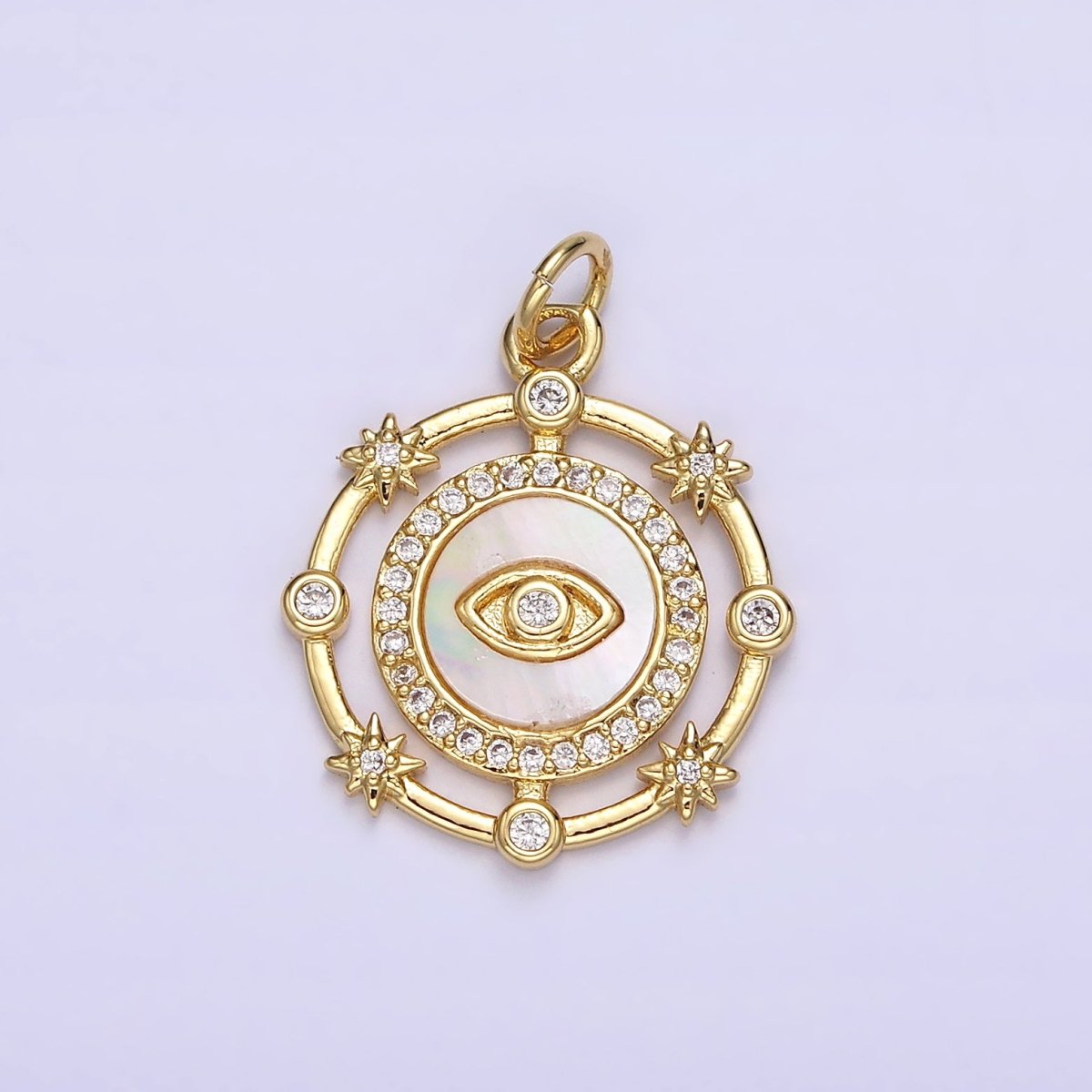 14K Gold Filled Evil Eye Shell Pearl Micro Paved CZ Celestial Star Dotted Round Charm | AC1437 - DLUXCA