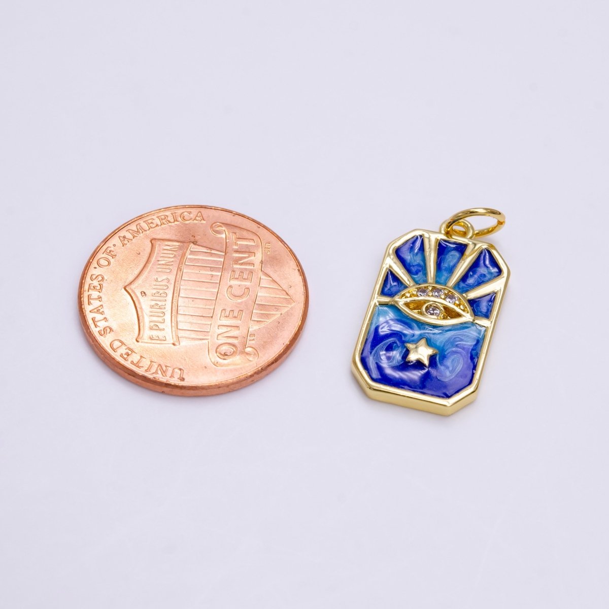 14K Gold Filled Evil Eye Star Bar Ray Blue Swirl Enamel Tag Charm | AC1456 - DLUXCA