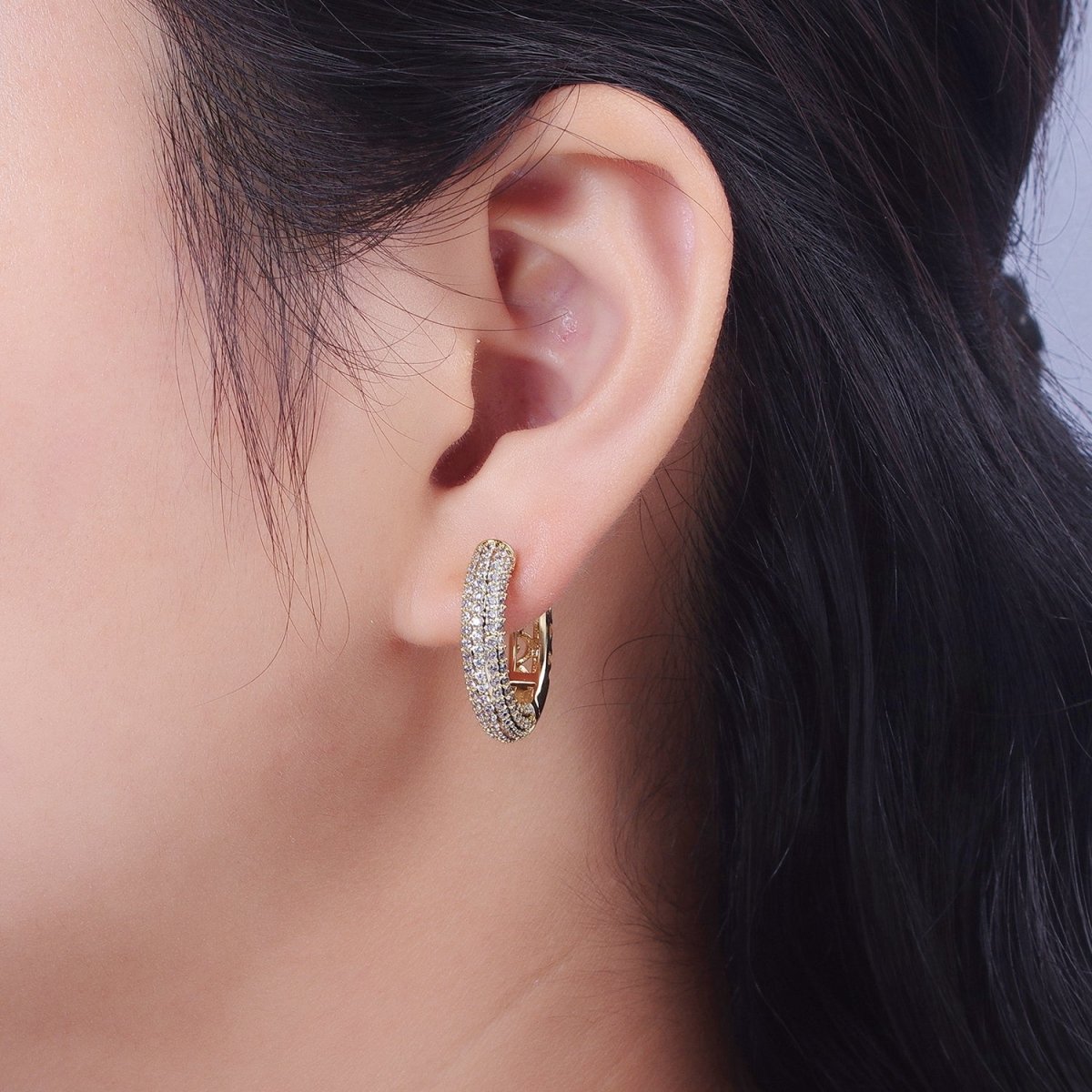 14K Gold Filled Filigree Micro Paved CZ 22.5mm Huggie Earrings | V-031 - DLUXCA