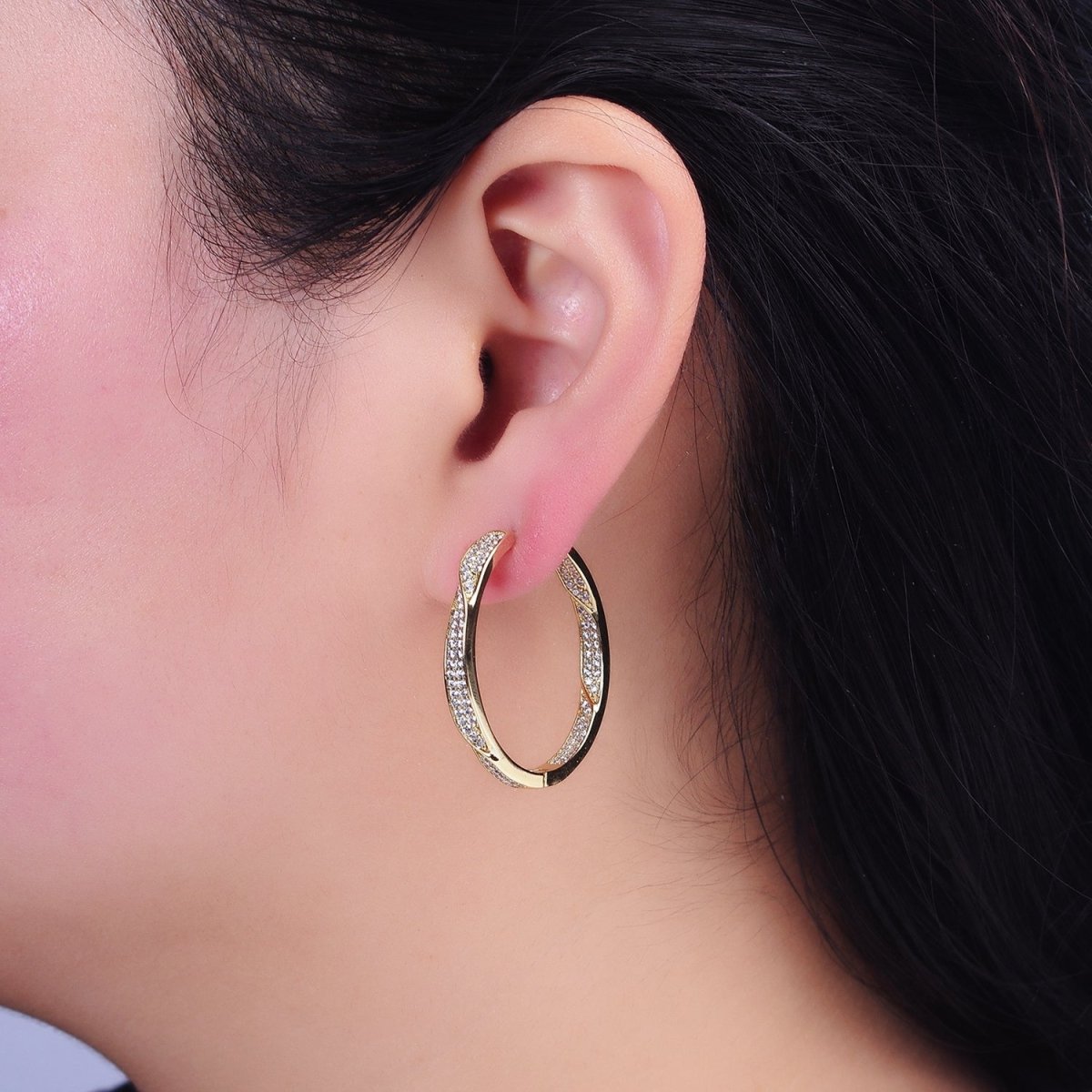 14K Gold Filled Flat Twisted Micro Paved CZ Front-Facing 33mm Endless Hoop Earrings | AD1455 - DLUXCA