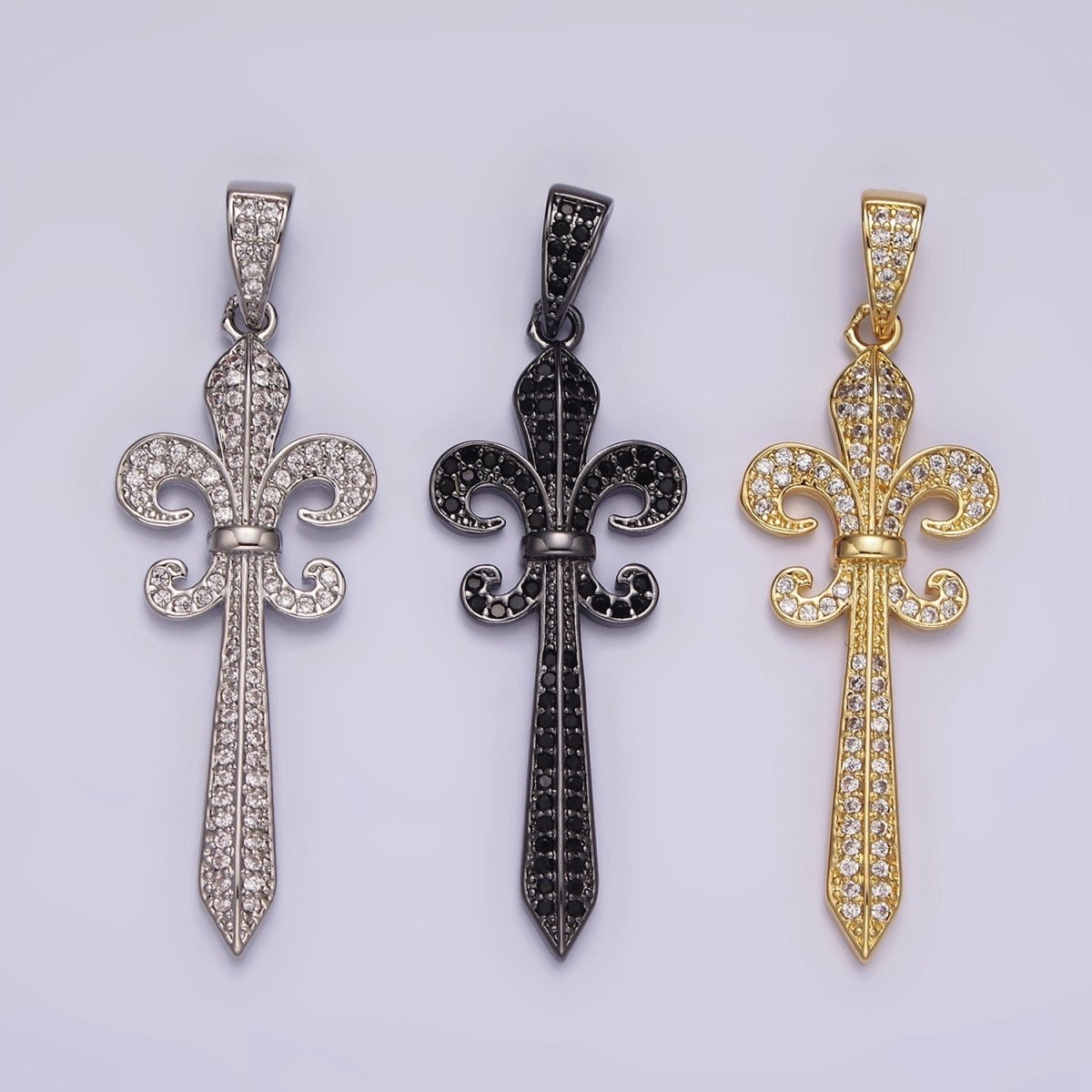 14K Gold Filled Fleur De Lis Sword Micro Paved CZ Pendant in Silver, Gold, Black | N1856 - N1858 - DLUXCA