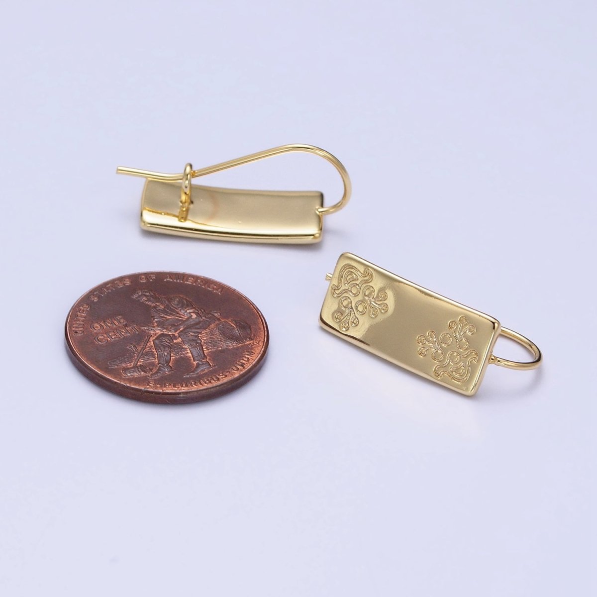 14K Gold Filled Floral Engraved Bar Backward Latch Earrings | AD1466 - DLUXCA