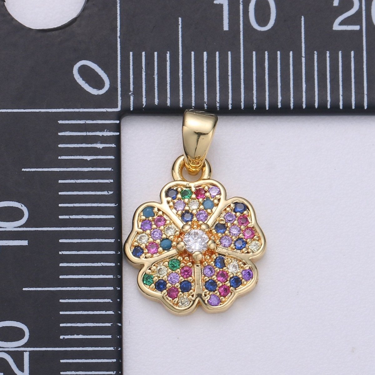 14k Gold Filled Flower Charm Micro Pave Clover Charm, Rainbow Cubic Charms, CZ Gold Colorful Charm, Dainty Minimalist Jewelry Supply I-714 - DLUXCA