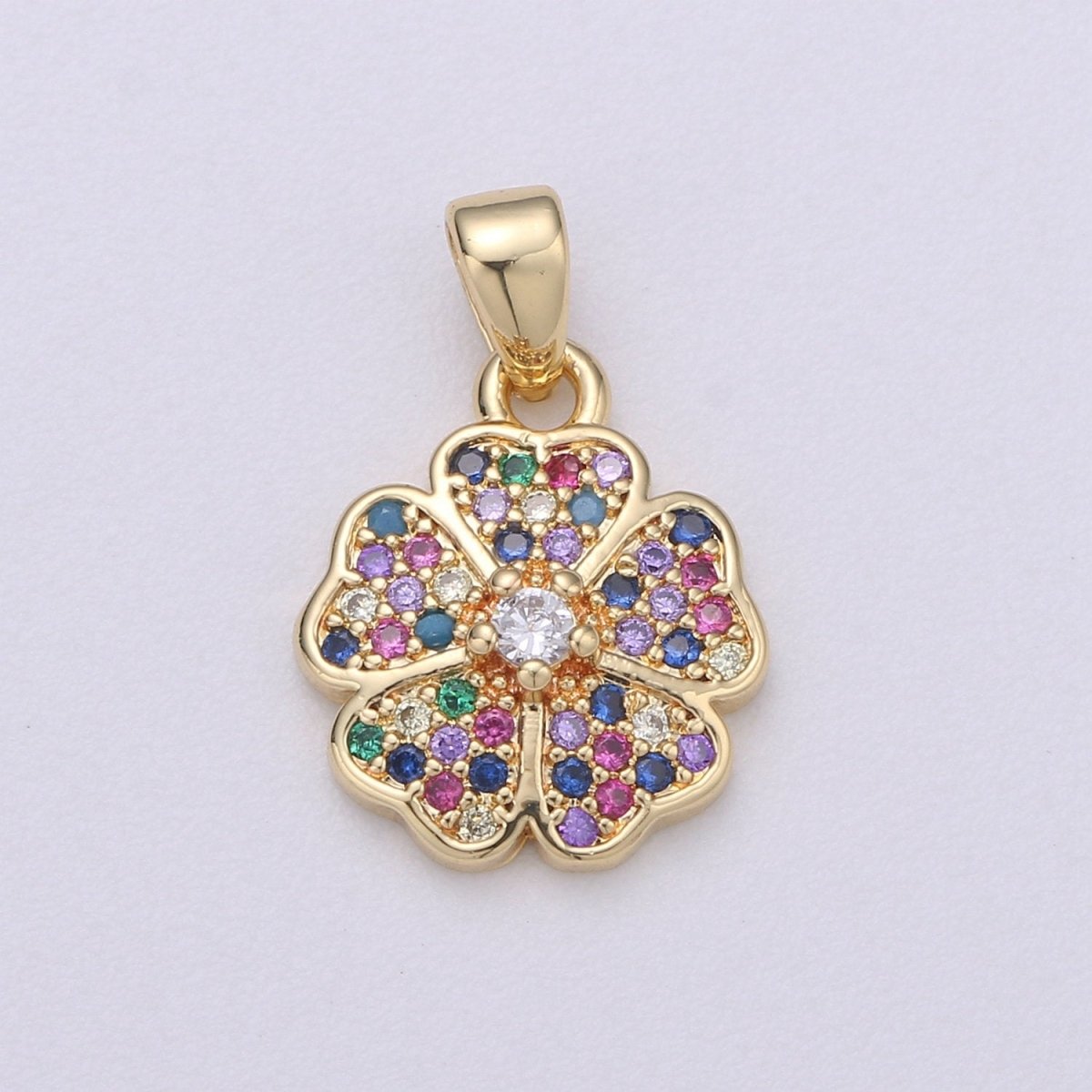 14k Gold Filled Flower Charm Micro Pave Clover Charm, Rainbow Cubic Charms, CZ Gold Colorful Charm, Dainty Minimalist Jewelry Supply I-714 - DLUXCA