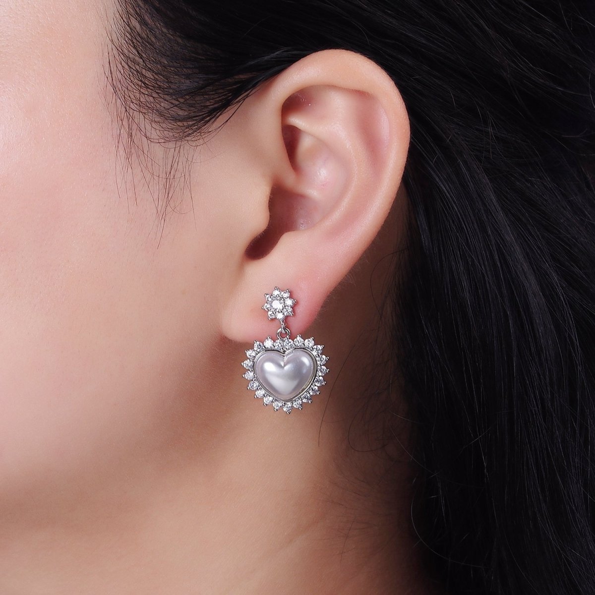 14K Gold Filled Flower CZ Heart Shell Pearl Drop Stud Earrings in Gold & Silver | AE317 AE318 - DLUXCA