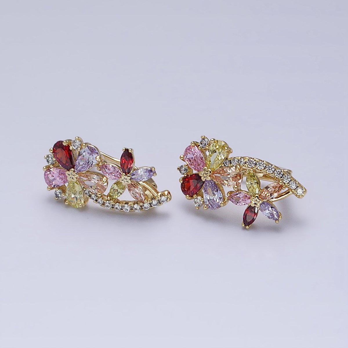 14K Gold Filled Flower CZ Multicolor Teardrop Marquise Micro Paved English Lock Hoop Earrings | AD1437 - DLUXCA