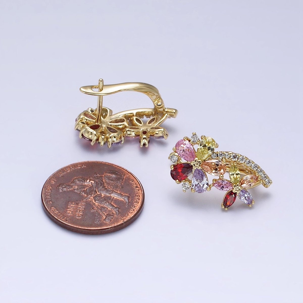 14K Gold Filled Flower CZ Multicolor Teardrop Marquise Micro Paved English Lock Hoop Earrings | AD1437 - DLUXCA