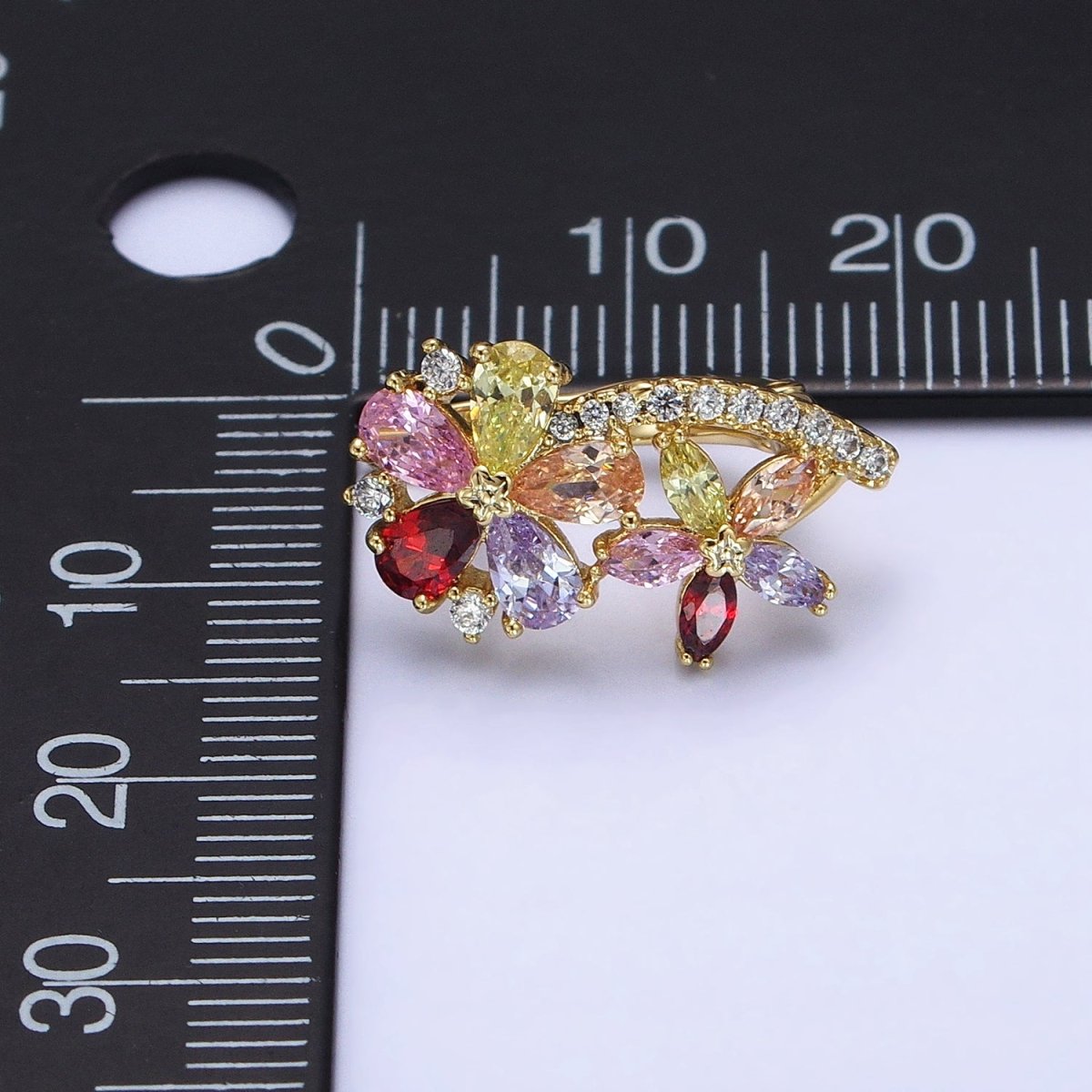 14K Gold Filled Flower CZ Multicolor Teardrop Marquise Micro Paved English Lock Hoop Earrings | AD1437 - DLUXCA