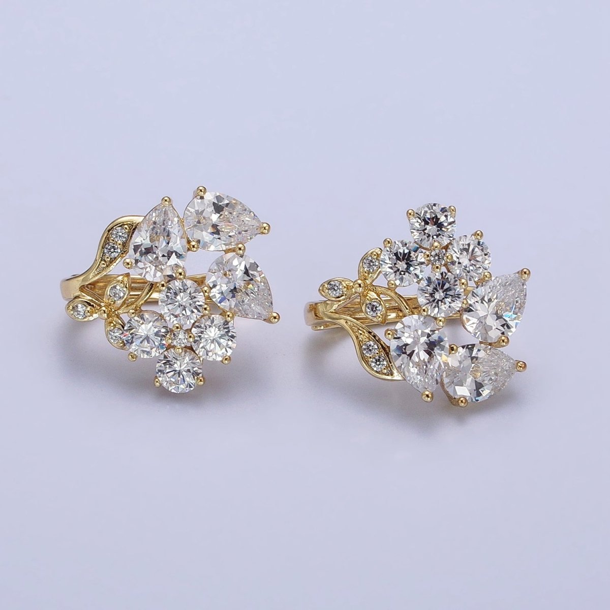 14K Gold Filled Flower Leaf Clear, Black CZ Teardrop Quatrefoil Micro Paved Huggie Earrings | AD1433 AD1434 - DLUXCA