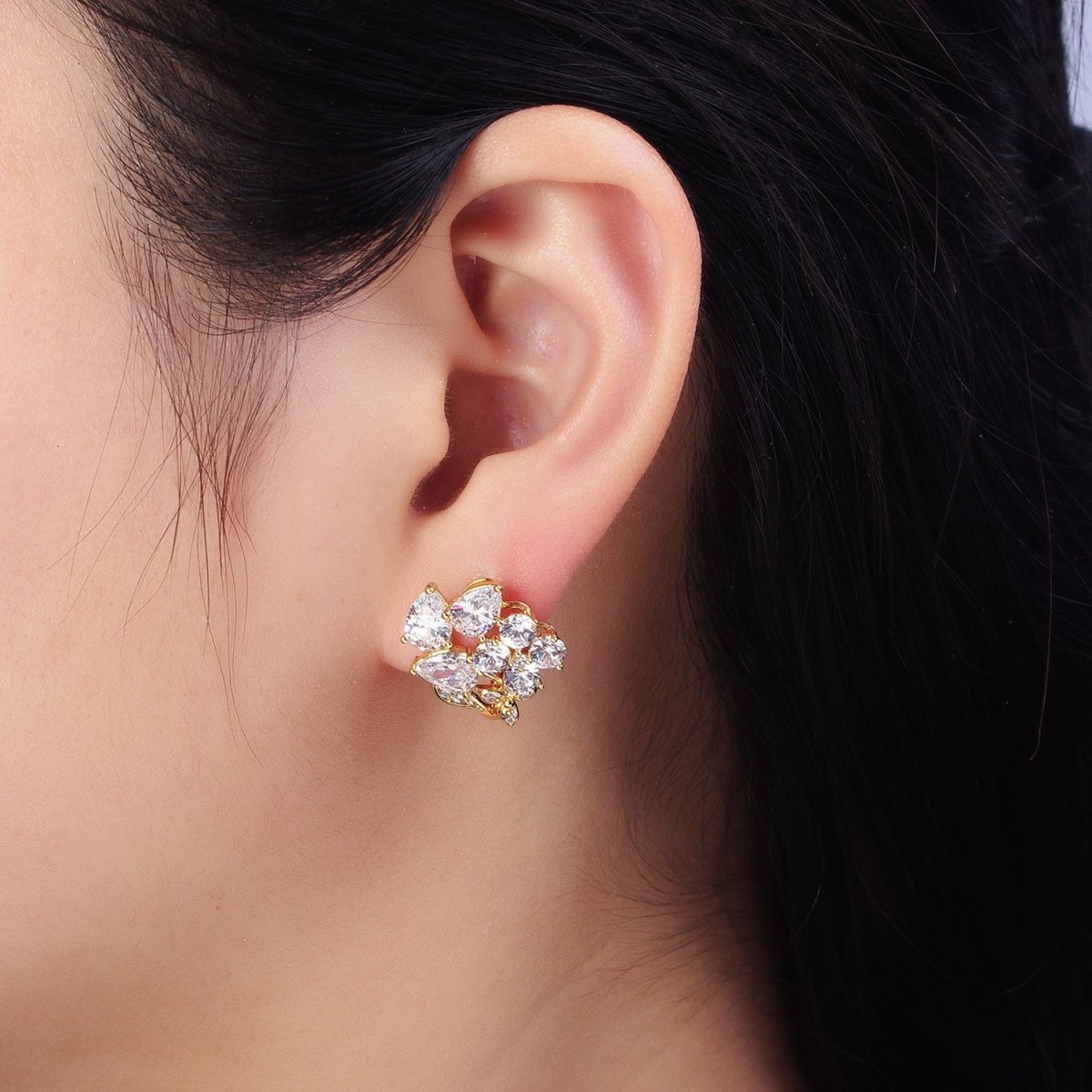 14K Gold Filled Flower Leaf Clear, Black CZ Teardrop Quatrefoil Micro Paved Huggie Earrings | AD1433 AD1434 - DLUXCA