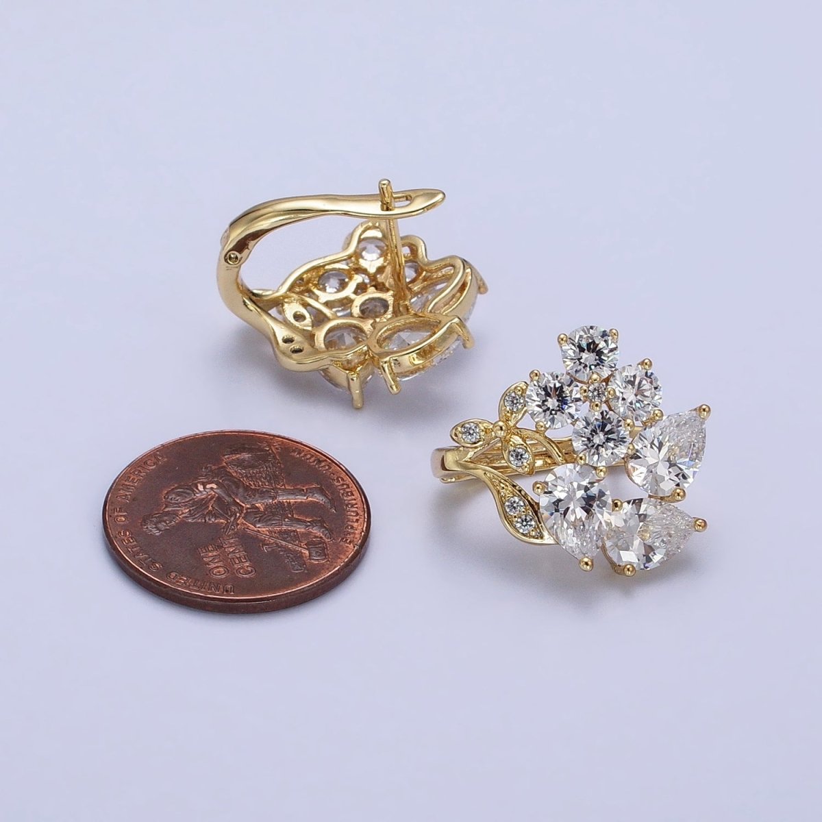 14K Gold Filled Flower Leaf Clear, Black CZ Teardrop Quatrefoil Micro Paved Huggie Earrings | AD1433 AD1434 - DLUXCA