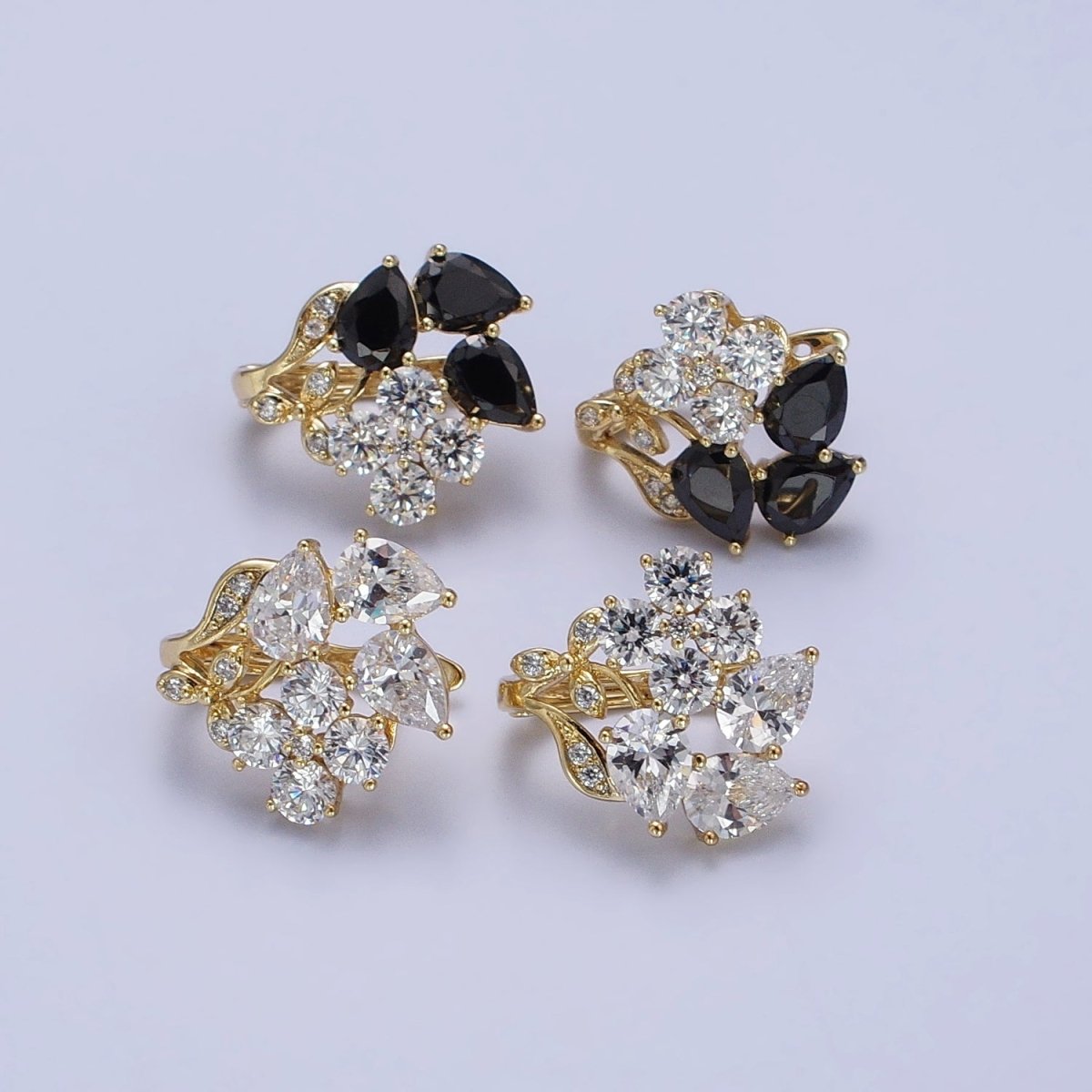 14K Gold Filled Flower Leaf Clear, Black CZ Teardrop Quatrefoil Micro Paved Huggie Earrings | AD1433 AD1434 - DLUXCA