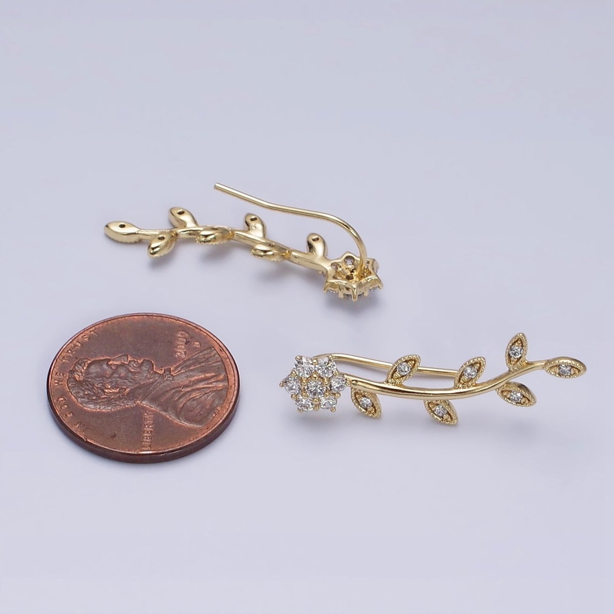 14K Gold Filled Flower Leaves Clear CZ Ear Climber in Gold & Silver | AD1430 AD1431 - DLUXCA