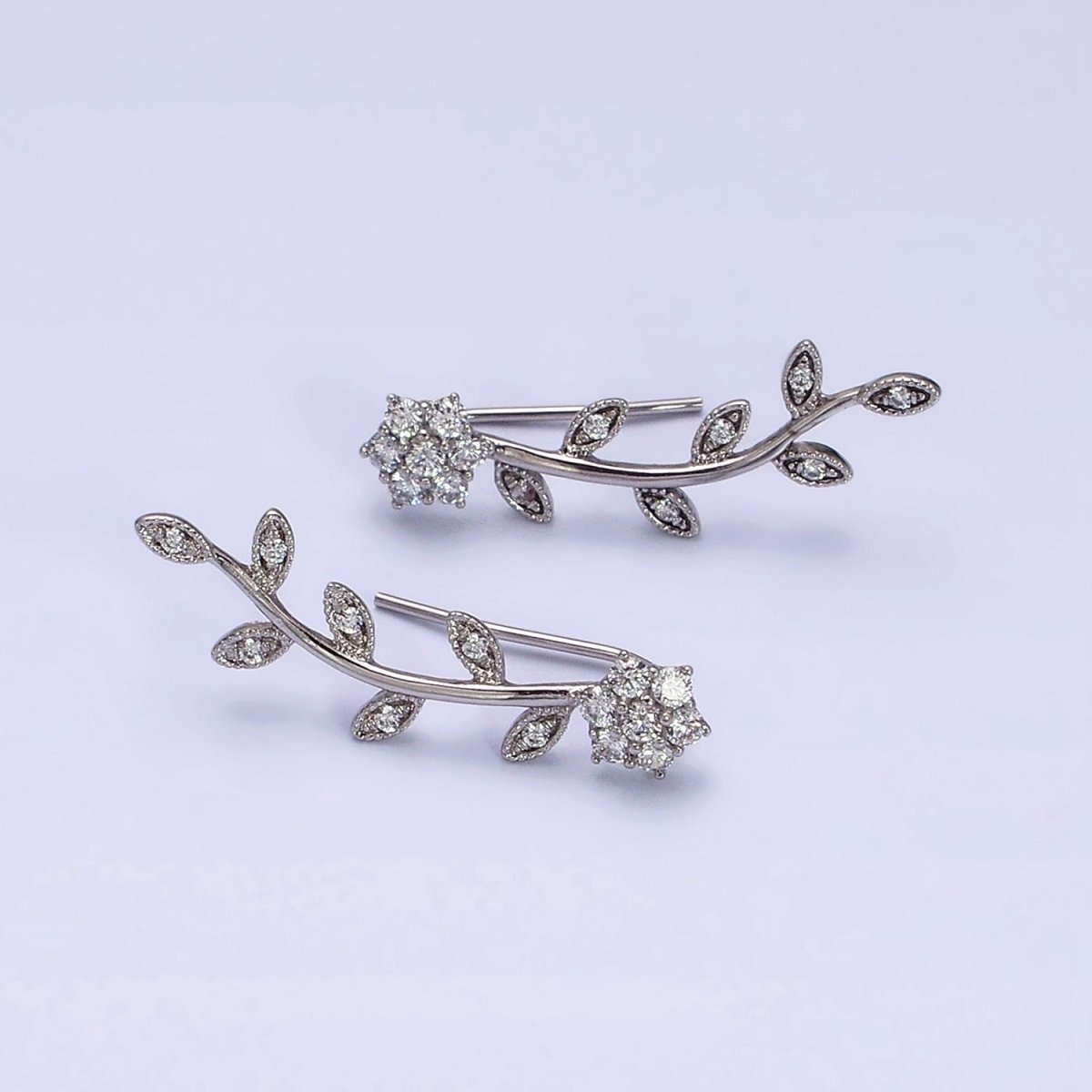 14K Gold Filled Flower Leaves Clear CZ Ear Climber in Gold & Silver | AD1430 AD1431 - DLUXCA