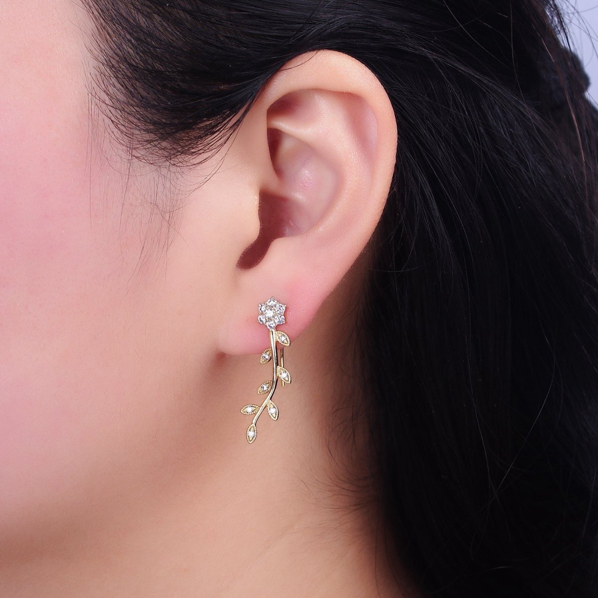 14K Gold Filled Flower Leaves Clear CZ Ear Climber in Gold & Silver | AD1430 AD1431 - DLUXCA