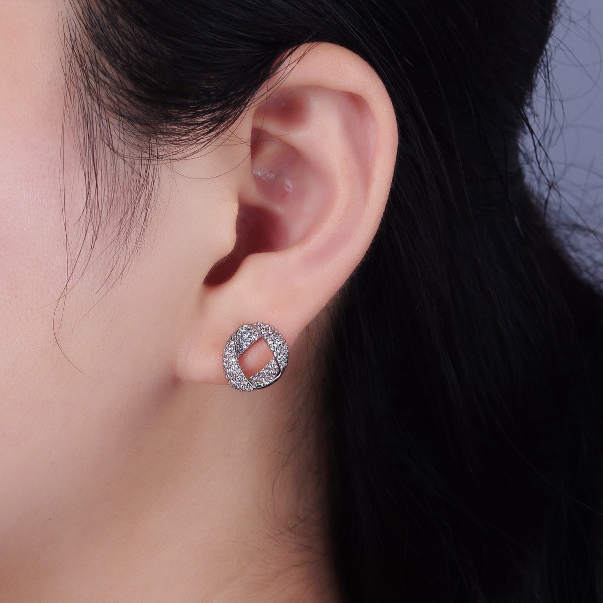 14K Gold Filled Folded Micro Paved CZ Geometric Open Stud Earrings in Gold & Silver | V310 V311 - DLUXCA