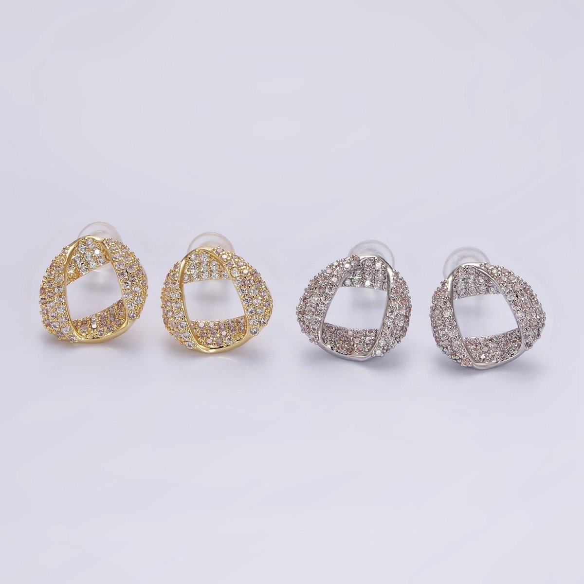 14K Gold Filled Folded Micro Paved CZ Geometric Open Stud Earrings in Gold & Silver | V310 V311 - DLUXCA