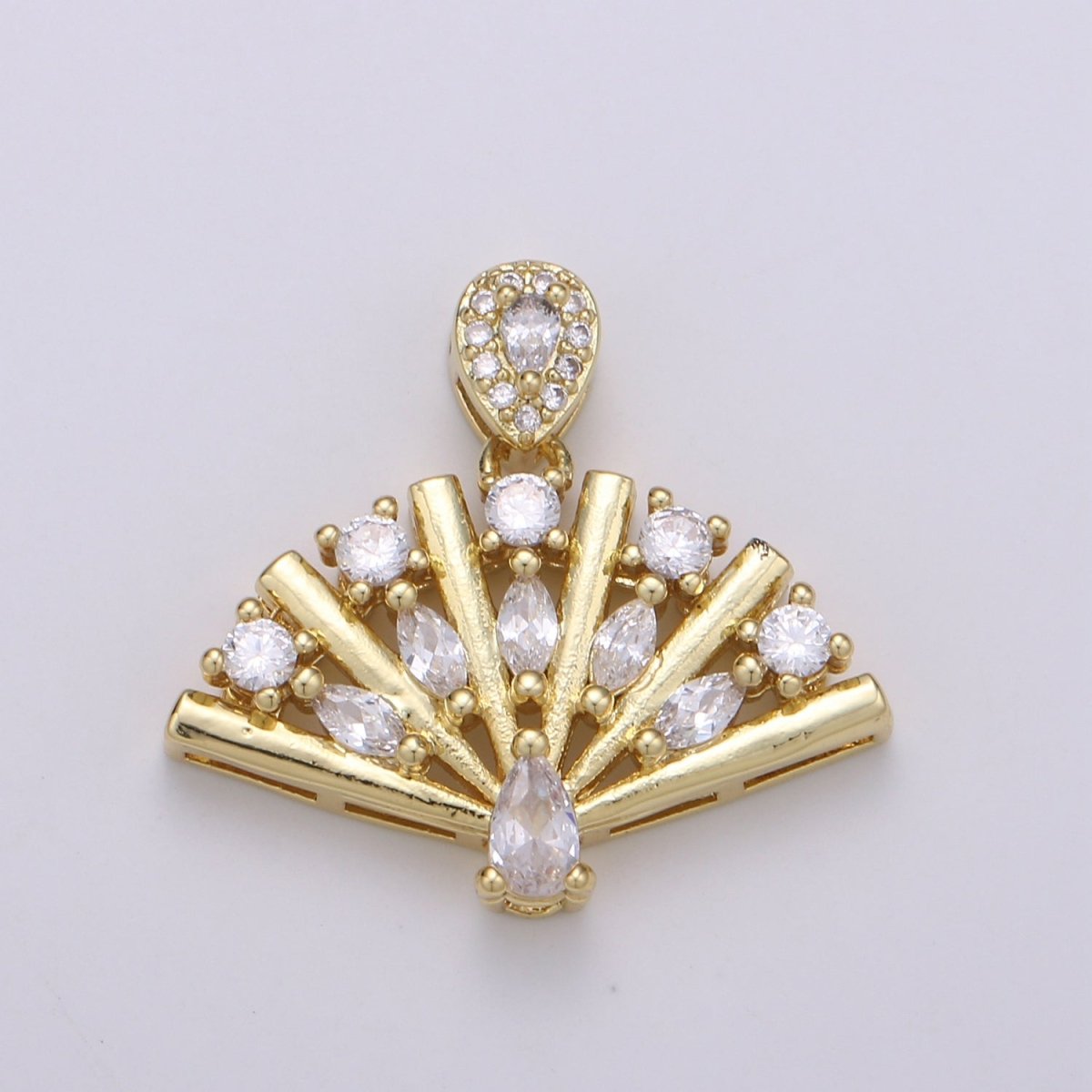 14K Gold Filled Folding Fan Clear Cubic Zirconia Round Teardrop Marquise Pendant H-898 - DLUXCA
