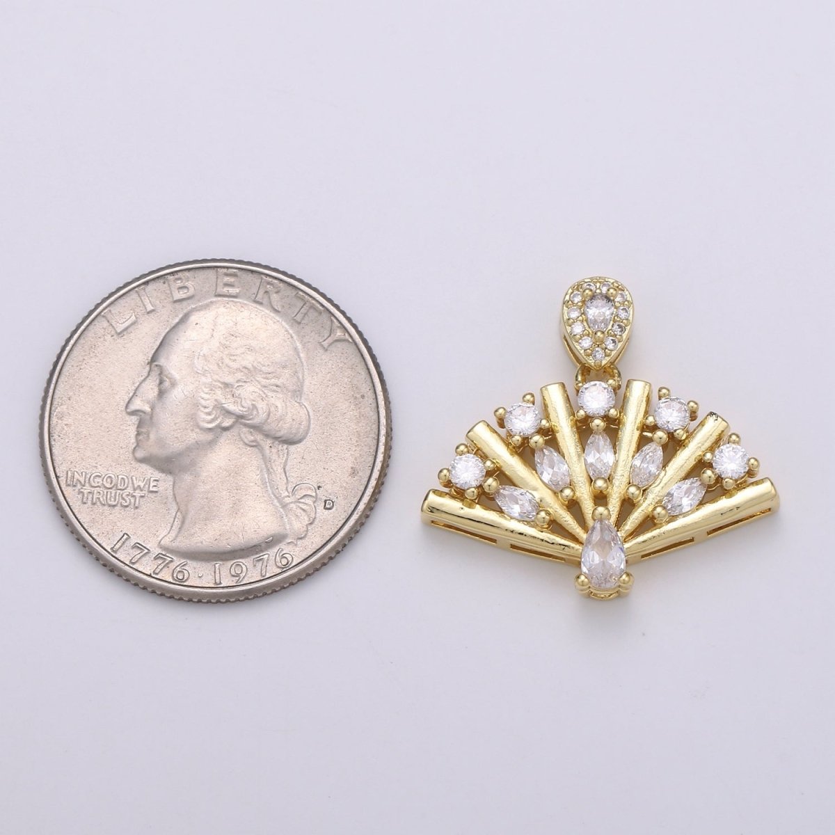 14K Gold Filled Folding Fan Clear Cubic Zirconia Round Teardrop Marquise Pendant H-898 - DLUXCA